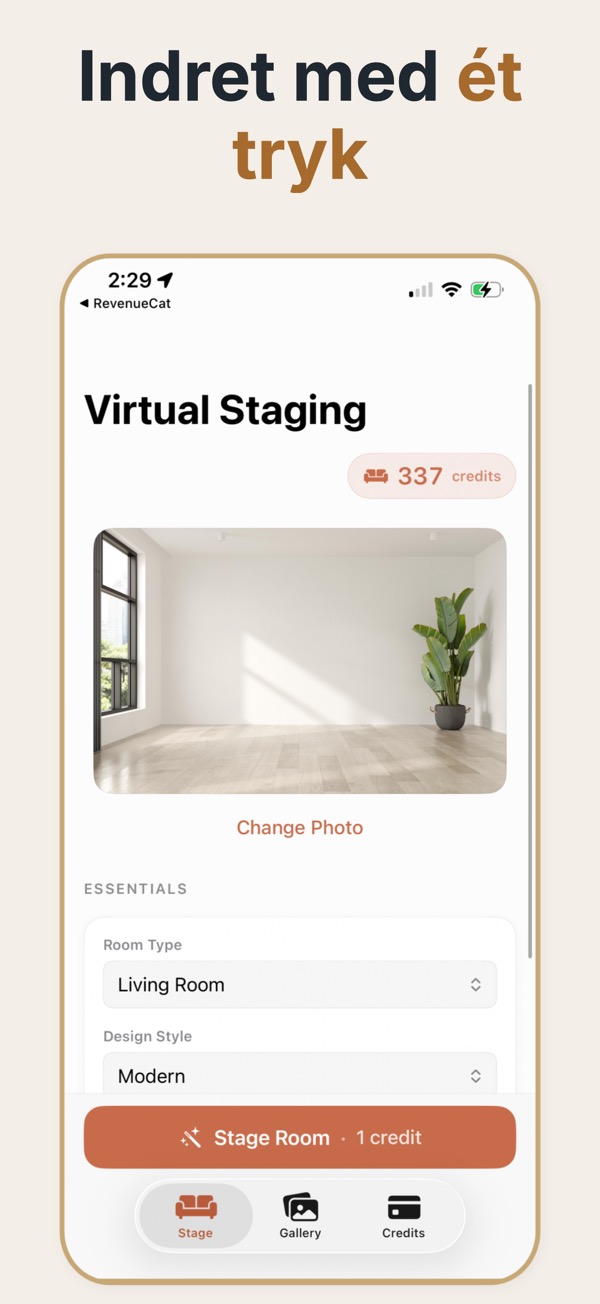 AI-platform til virtuel boligstyling — styrede valg omkring stil, palet, møbelmængde og lys