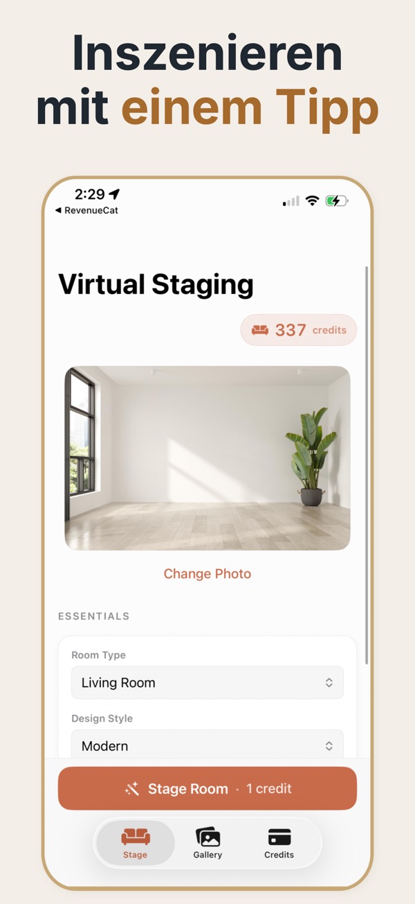 Virtuelles Home Staging — App-Bildschirm von Immobilien Staging KI