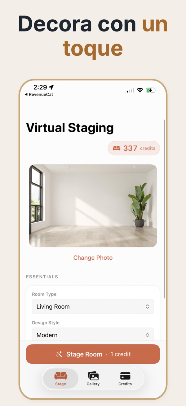 Home staging virtual — Pantalla de la app Staging Virtual Inmobiliario