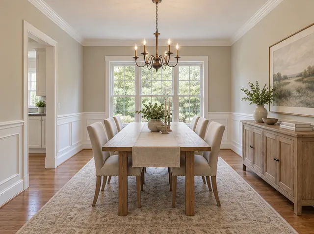 After: Dining room under an existing chandelier