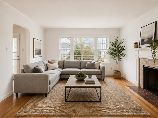 After: Family room with an arched doorway