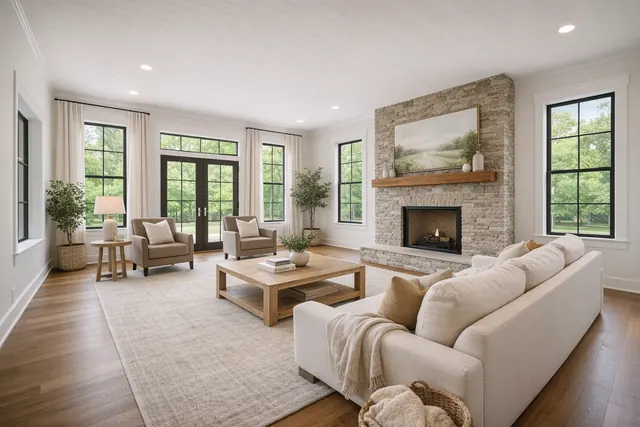 After: Great room with a stone fireplace