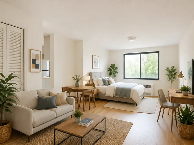 After: Studio apartment with three zones