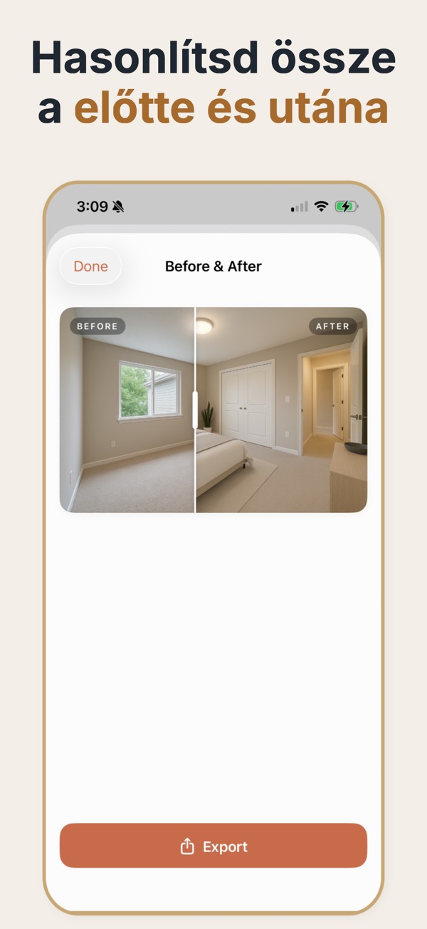 Virtuális staging alkalmazás — gyors staging iPhone-on vagy iPaden megosztható exportokkal