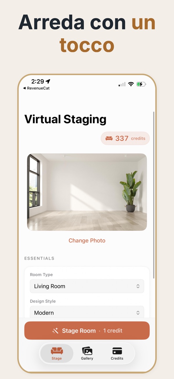 Home staging virtuale — Schermata dell’app Staging Virtuale Immobiliare