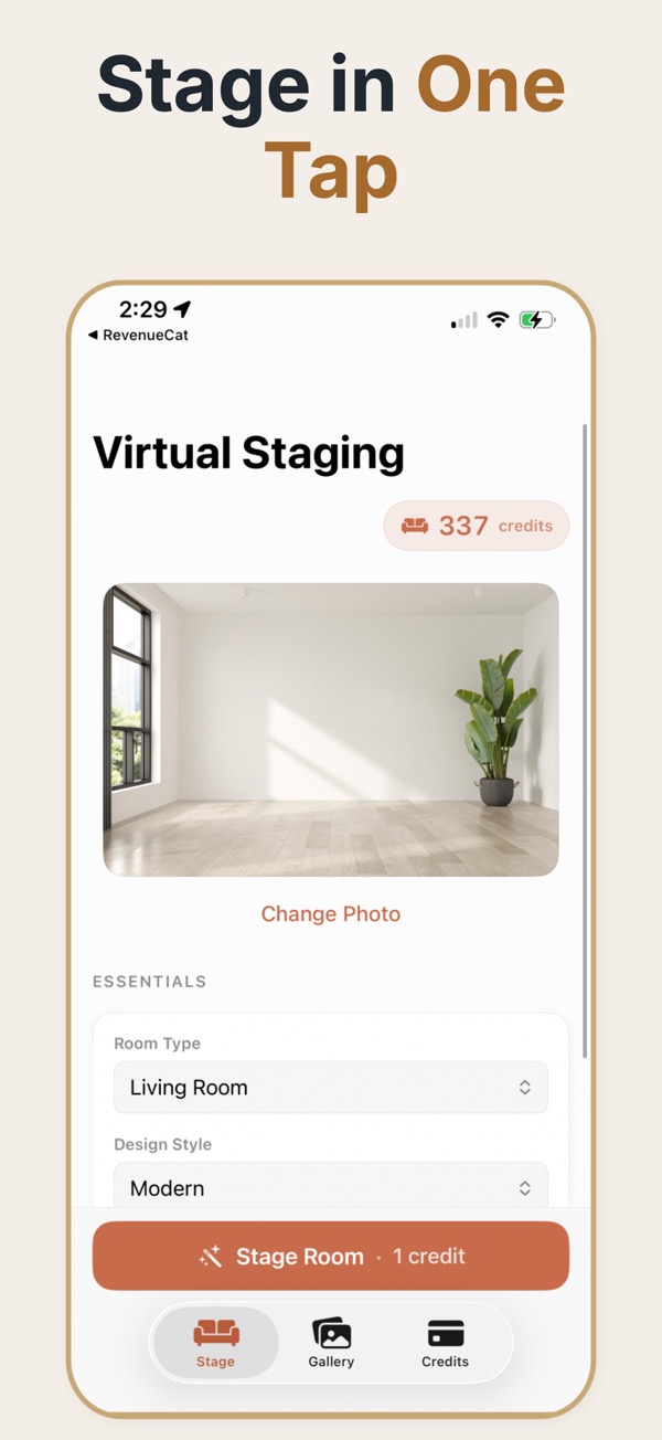 Pantalla para subir una foto de una habitación vacía